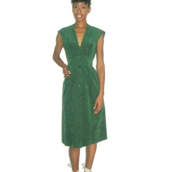 VTG Mollie Parnis Ultra Suede Green V-neck Pleated Buttoned Mod Dress w/ Belt - Picture 2 of 4